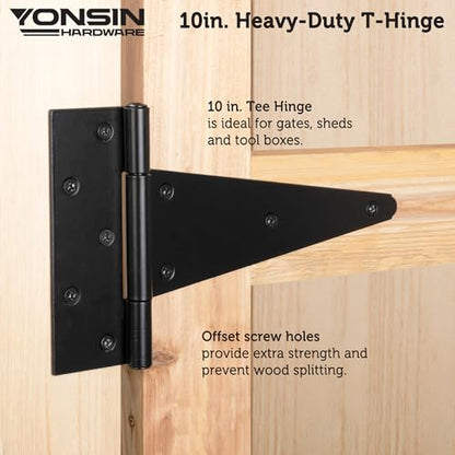 10" T-Strap Shed Door Hinges 2Pcs, Heavy Duty Black Tee Hings for Wooden Fence Gate, Outdoor T Hinges Barn Door Gate Hinges Hardware, Wrought Hinges Hardware, Thickness 2mm - size: 10 Inch