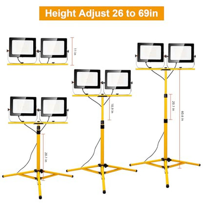 20000 Lumen Work Lights with Stand, 200W Dual Head LED Work Light, Waterproof Lamp with Individual Switch, Adjustable Metal Telescoping Tripod
