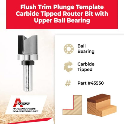 Amana Tool 45550 Carbide Tipped Flush Trim Plunge Template Router Bit 1-1/8 Dia x 1 Inch x 1/2 Shank with Upper Ball Bearing - size: 1-1/8 Dia x 1" 2 Sh