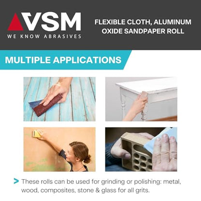 VSM 1-1/2" x 50yd (150'), 220 Grit (Very Fine) Aluminum Oxide Sanding Shop Roll, F-Weight Cotton Cloth Backed Sandpaper Roll for Hand Finishing, Woodworking, Metal Working, Polishing - style: 220 Grit
