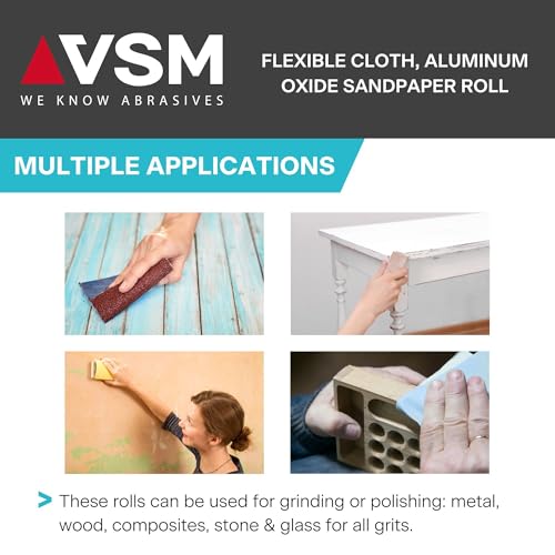 VSM 1-1/2" x 50yd (150'), 320 Grit (Extra Fine) Aluminum Oxide Sanding Shop Roll, F-Weight Cotton Cloth Backed Sandpaper Roll for Hand Finishing, Woodworking, Metal Working, Polishing - style: 320 Grit