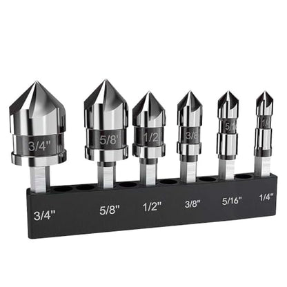 Countersink Drill Bit Set, 6 Pieces M35 Cobalt HSS 5-Flute Pro-Grade Countersink Bits, 1/4 Inch Quick Change Hex Shank for Metal Wood Stainless Steel Carbon Steel Auto Repair Marine Use