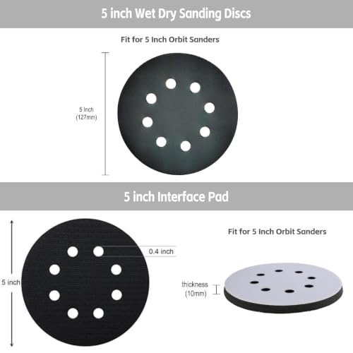 5 Inch 120Pcs Sanding Discs Hook & Loop 8 Holes Wet Dry Sandpaper 180 240 320 400 600 800 1000 1500 2000 3000 Assortment Grits Silicon Carbide Orbital Sander with Interface Pad for Wood Auto Metal