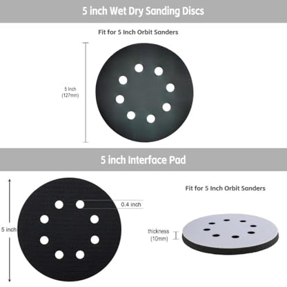 5 Inch 120Pcs Sanding Discs Hook & Loop 8 Holes Wet Dry Sandpaper 180 240 320 400 600 800 1000 1500 2000 3000 Assortment Grits Silicon Carbide Orbital Sander with Interface Pad for Wood Auto Metal