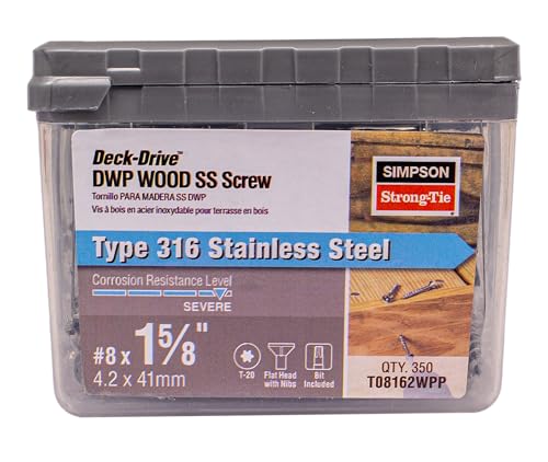 Simpson Strong-Tie T08162WPP Deck-Drive DWP Wood SS Screw — #8 x 1-5/8 in. T20, Flat Head, Type 316 (350-Qty)