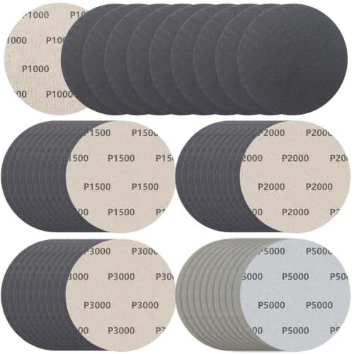 50Pcs 5 Inch Hook & Loop Sanding Discs, 1000 1500 2000 3000 5000 Grit Assortment Wet Dry Silicon Carbide Sandpaper for Automotive Wood Metal Polishing