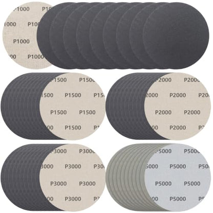 50Pcs 5 Inch Hook & Loop Sanding Discs, 1000 1500 2000 3000 5000 Grit Assortment Wet Dry Silicon Carbide Sandpaper for Automotive Wood Metal Polishing