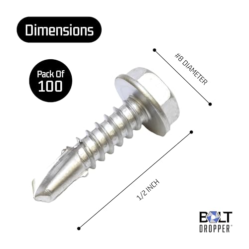 Bolt Dropper #8 x 1/2-Inch Stainless Steel TEK Screws - Pack of 100 Self Tapping Screws - Corrosion-Resistant External Hex Washer Head Screws for Wood, Metal, Wet Environments, and Outdoor Projects - size: #8 x 1/2"(100 pcs), style: 1/2 Inch