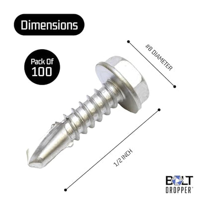 Bolt Dropper #8 x 1/2-Inch Stainless Steel TEK Screws - Pack of 100 Self Tapping Screws - Corrosion-Resistant External Hex Washer Head Screws for Wood, Metal, Wet Environments, and Outdoor Projects - size: #8 x 1/2"(100 pcs), style: 1/2 Inch