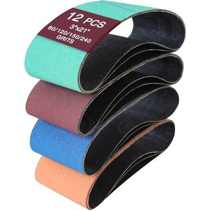 3" x 21" Sanding Belts for Belt Sander, Assorted Grits 12 Pcs (3 Each of 80 120 150 240), Aluminum Oxide Sanding Belts for Woodworking Metal Polishing Knife Sharpening - size: 3" x 21"