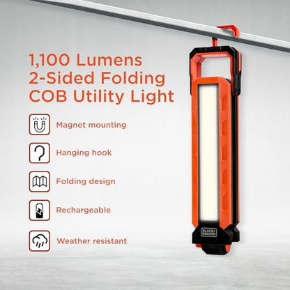 BLACK+DECKER Rechargeable Hanging LED Light, 1100 Lumens Foldable Double-Sided LED Work Light, 5 Modes, Tripod, Hook & Magnetic Mount, Indoor/Outdoor IP54 Weather-Resistant COB Lighting, Adjustable