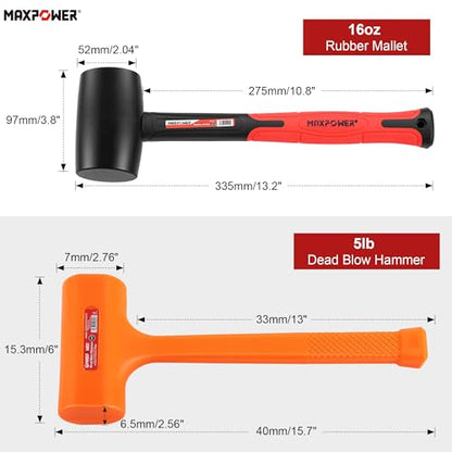 MAXPOWER 2PCS Rubber Mallet Set, 5LB Dead Blow Hammer & 16oz Rubber Mallet - size: 5lb 16oz