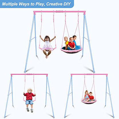Lunafun Swing Set, 440lbs, Heavy-Duty A-Frame Metal Outdoor SwingStand, 1 Saucer & 1 Belt Swing seat for Playground, Backyard Pink - color: Pink