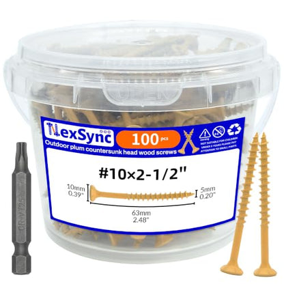 100Pcs 2.5 Inch Wood Screws, Deck Screws #10 x 2-1/2", Rust Resistant Epoxy Coated Construction Screw, Torx Drive Head, Framing Screw for Outdoor Woodworking Projects - size: 10 x 2-1/2"