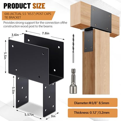 Zonon 4pcs 6"x6" (Actual 5.5"x5.5") Post Cap Tie Bracket Stainless Steel Beam Support Bracket for Pergola, Gazebos, Patio Decks, Porches, Etc, Dark Gray - size: 6"x6", Actual 5.5"x5.5"