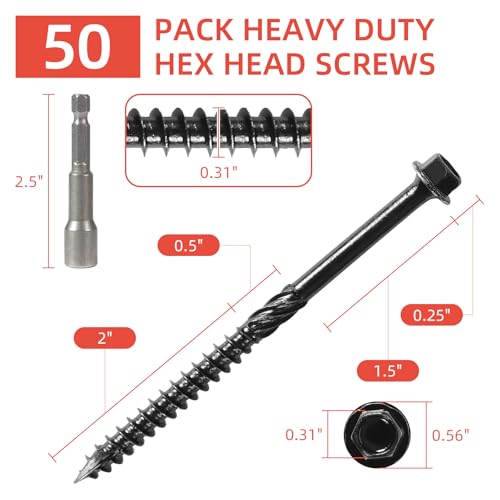 #14x4 Black Hex Exterior Lag Screws, Structural Wood Screw, Heavy DutyTimber Screws Includes Hex Socket (50Pcs) - size: #14 x 4"