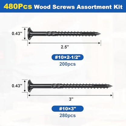 #10 Wood Screws Assortment Kit, 480Pcs 2Sizes Screws Set Assorted Screws - size: #10(2Sizes)-480pcs