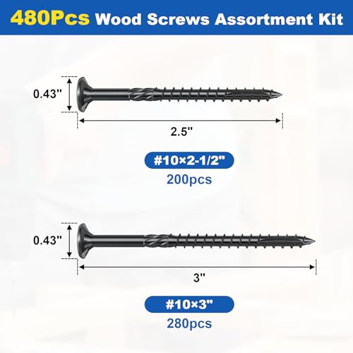 #10 Wood Screws Assortment Kit, 480Pcs 2Sizes Screws Set Assorted Screws - size: #10(2Sizes)-480pcs