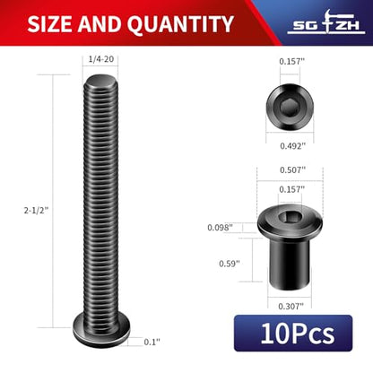 1/4-20 x 2-1/2" 10Pcs Flat Head Hex Socket Cap Screws Bolts Barrel Nuts Kit, 304 Stainless Steel 18-8, Full Thread, Black Oxide by SG TZH (with Hex Spanner) - color: Black, size: 1/4-20 x 2-1/2"