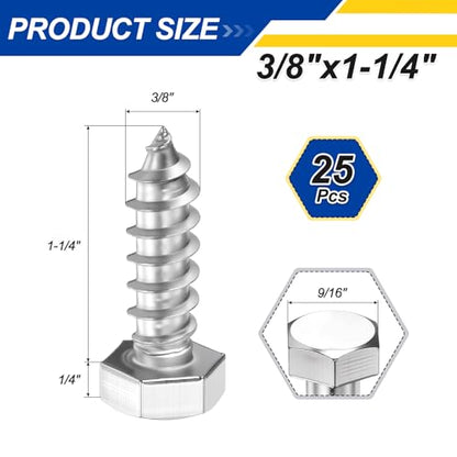 25 Pcs Hex Head Lag Screws 3/8" x1-1/4 SS 18-8 (304) Lag Bolts - color: Silver, size: 3/8"x1-1/4"