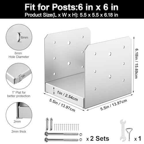 6"x6" Adjustable Post Base, 2Pcs Stainless Steel Post Anchor Bracket - size: 6x6
