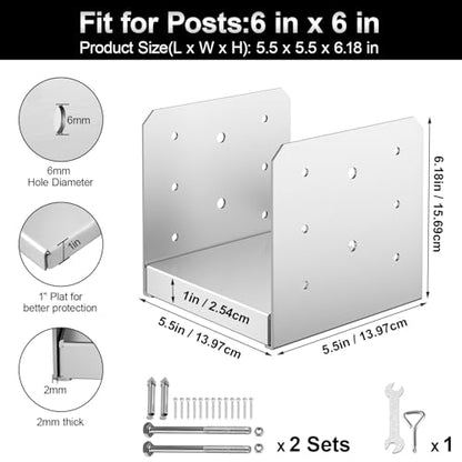 6"x6" Adjustable Post Base, 2Pcs Stainless Steel Post Anchor Bracket - size: 6x6
