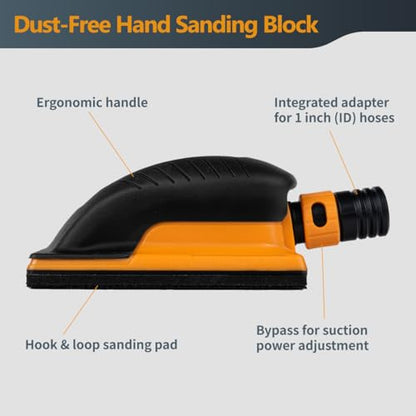 POWERTEC Vacuum Sanding Block Set w/ 1" OD Dust Extraction, Dust-Free Hook and Loop Sandpaper (40, 80, 120, 180, 240 Grit, 10 Each) for Woodworking, Sanding Tool for Auto Body, Paint, Drywall (71514V)