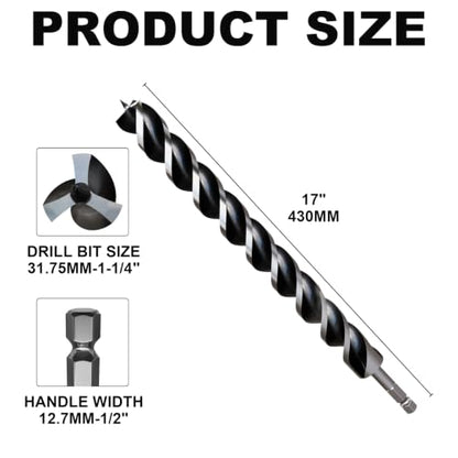 1-1/4"×17" Professional Auger Drill Bit for Wood with Quick Change 1/2" Hex Shank- 3-Cutter Design with Dual-Flute for Fast Chip Removal, Fits Hardwood, Softwood, PVC, Drywall & Tree Stumps - size: 1-1/4"×17"