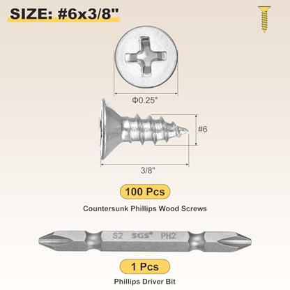 METALLIXITY 101Pcs #6x3/8 Countersunk Phillips Wood Screws Kit SS304 - color: Silver, size: #6x3/8"