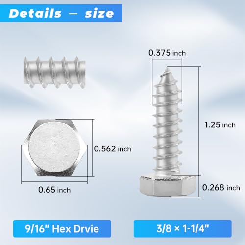 Glvaner (10 pcs) 3/8" x 1-1/4" Stainless Steel Hex Head Lag Bolts, Hexagonal Head Lag Screws, 304 Stainless Steel 18-8, Secure Hold for Wood - size: 3/8 x 1-1/4"