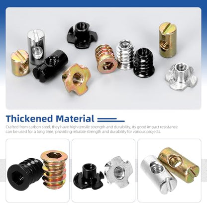 Glarks 60pcs M6 x 10/12/15/20mm Nickel Plated Barrel Cross Dowels Slotted Nut Kit, Includes 40pcs Barrel Nut, 10pcs M6x10mm 4-Pronged Tee Nut, 10pcs M6x15mm Hex Socket Threaded Insert Nuts - size: M6, style: 60pcs Silver Barrel Nut Set