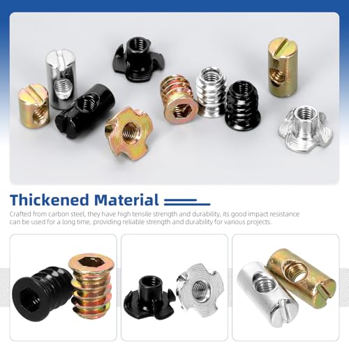 Glarks 150pcs M6 x 10/12/15/20mm Black Barrel Cross Dowels Slotted Nut Kit, Includes 100pcs Barrel Nut, 25pcs M6x10mm 4-Pronged Tee Nut, 25pcs M6x15mm Hex Socket Threaded Insert Nuts - size: M6, style: 150pcs Black Barrel Nut Set