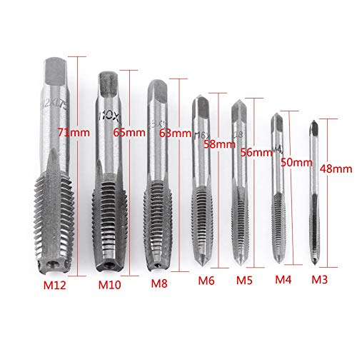 Thread Tap Tool Set, 7pcs Straight Flute Thread Tap Set Metric Screw Metric Thread Plug Taps Set M3, M4, M5, M6, M8, M10, M12 for Tapping Various Threads
