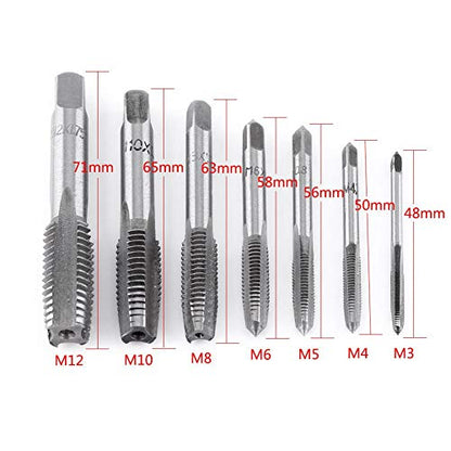 Thread Tap Tool Set, 7pcs Straight Flute Thread Tap Set Metric Screw Metric Thread Plug Taps Set M3, M4, M5, M6, M8, M10, M12 for Tapping Various Threads