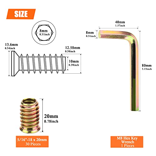 5/16-18 Threaded Inserts, Wood Inserts, Steel Threaded Inserts for Wood Furniture Screw, HELIFOUNER 30 Pieces 5/16”-18 x 20mm Threaded Inserts with Hex Wrench for Wood Furniture - size: 5/16"-18 x 20mm