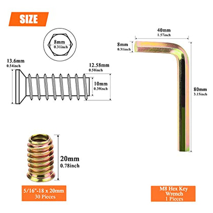 5/16-18 Threaded Inserts, Wood Inserts, Steel Threaded Inserts for Wood Furniture Screw, HELIFOUNER 30 Pieces 5/16”-18 x 20mm Threaded Inserts with Hex Wrench for Wood Furniture - size: 5/16"-18 x 20mm