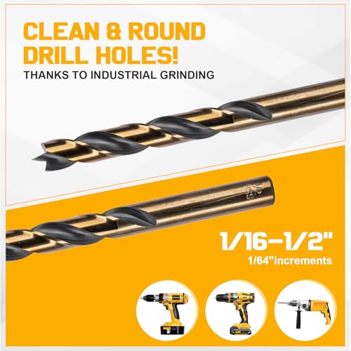 29Pcs Brad Point Drill Bit Set, Full Ground with Self-Centering Tip (1/16-1/2 Inch,Titanium Coated HSS Wood Drill Bits for Hardwood & Softwood, 1/64 Inch Increment) & Storage Case