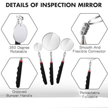 Copkim 3 Pcs Telescoping Inspection Mirror Extendable Long Handle,Black - color: Black