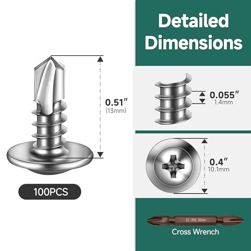 #8 x 1/2" Self Tapping Screws for Metal, Truss Head Phillips Drive 410 Stainless Steel Self Drilling Sheet Metal Screws with Drill Bit, Fast Tapping (Box of 100) - color: Silver, size: #8 x 1/2"