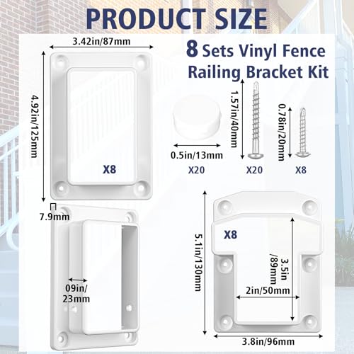 Beeveer 8 Sets Vinyl Fence Railing Bracket Kit with Screws Straight Porch and Deck Railing Bracket Fits for 2″ x 3.5″ White Top and Bottom for Yorkshire and Bolton