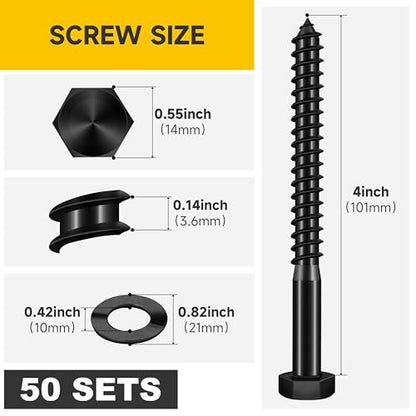 Mywish (50Sets) 3/8" x 4" Lag Bolts, 304 Stainless Steel 3/8 inch Lag Screws Bolts for Wood, Heavy Duty Hex Head with Flat Washers Bolt Kit, Black Oxided - size: 3/8 x 4"