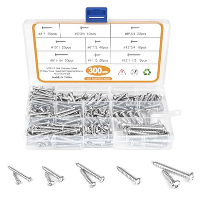300PCS Stainless Steel Wood Screws Assortment Kit, 9 Sizes #4#6#8#10#12 Truss Head Sheet Metal Screws for Wood Deck Drywall Concrete Screws, Length 1/4" to 1-1/2" - style: Silver Truss Head 300PCS