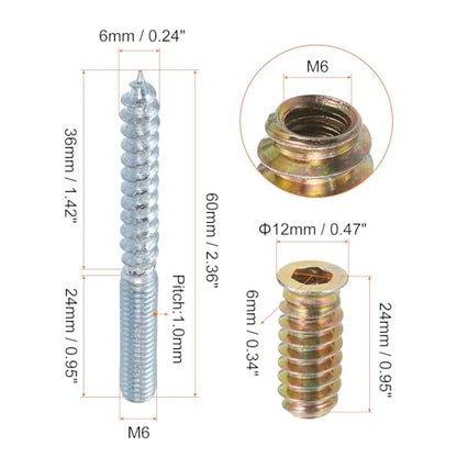 uxcell M6x60mm Hanger Bolts, 12pcs 31mm Wood Dowel Screw Self-Tapping Screw with 12pcs M6x24mm Threaded Insert Nuts Interface Hex Socket Drive, for Joint Furniture Legs