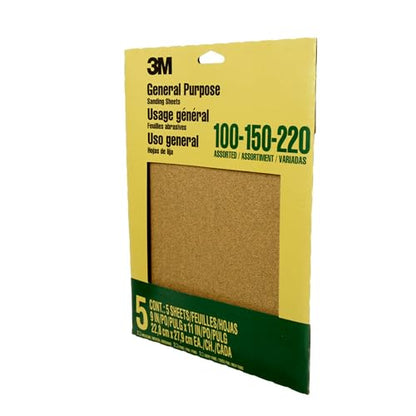 3M Aluminum Oxide Sandpaper, 5 Sheets, Assorted Grit 100-150-220, 9-in x 11-in, Multi-Purpose Abrasive Sanding Paper, for General Purpose Sanding On Paint, Wood and Metal (9005NA), 3-Pack - size: 3-Pack (15 Sheets)
