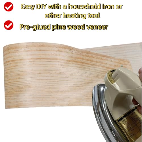 Pre-glued Pine Wood Veneer Sheet,8.5''x 98'',Quarter Cut,Iron On Stick Veneer Roll Without Paper,Hot Melt Self Adhesive Edge Banding Tape for Cabinet Furniture Plywood Speaker Door Renovation