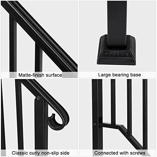 Outdoor Handrail for 1-2 Steps, Real Iron Step Railing with Stainless Mounts Powder Coated Safety Rail Garden Steps Heavy Duty Hand Rail for Entryway Matte Black