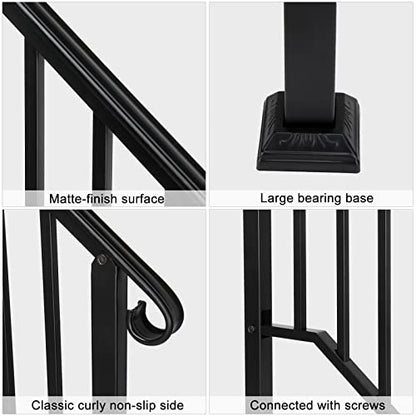 Outdoor Handrail for 1-2 Steps, Real Iron Step Railing with Stainless Mounts Powder Coated Safety Rail Garden Steps Heavy Duty Hand Rail for Entryway Matte Black