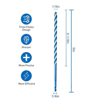 Auger Wood Drill Bit 1/4" x 9" x 2 Packs, Tri-Flute, 1/4 Inch Quick Change Hex Shank - size: 1/4" x 9" x 2Pcs