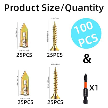 100 PCS Heavy Duty Self Drilling Drywall Anchors Kit with 1 Drill Bit - Zinc-Plated Steel Material - No Drill Required Holds Up to 75LB for Gypsum Board, Hollow Walls and Mounting TV, Picture Frames - size: 100Pcs 2Size kit