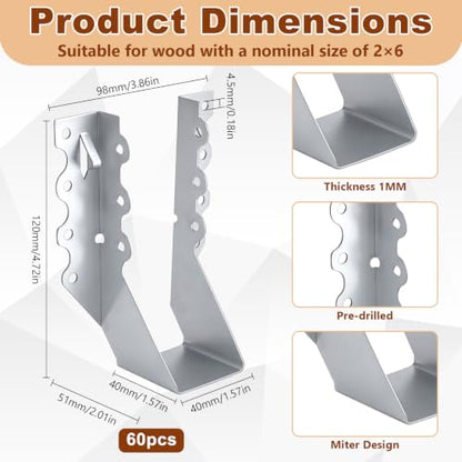 60 Pcs 2x6 Joist Hangers, 20 Gauge Galvanized Carbon Steel
